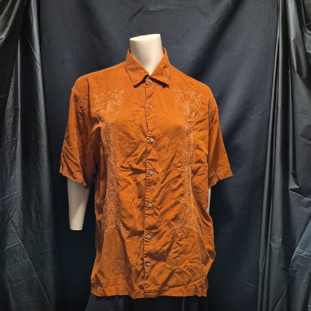 TOMMY BAHAMA SILK Men's Rusty ORANGE  Embroidered TROPICAL Shirt